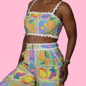 Fore Fruit Print Pant Set Yellow Block Print Matching Crop Top Wide Leg Medium